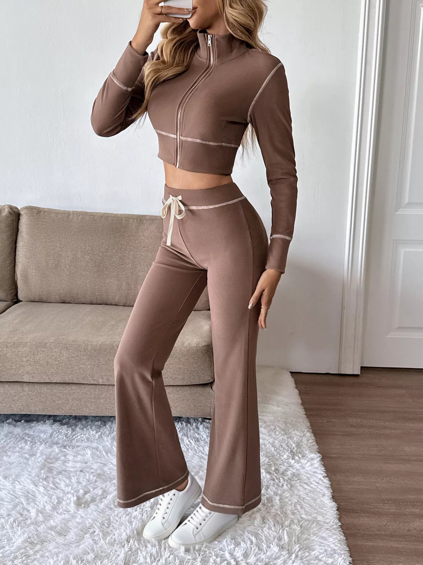 Zip Up Long Sleeve Top and Pants Set