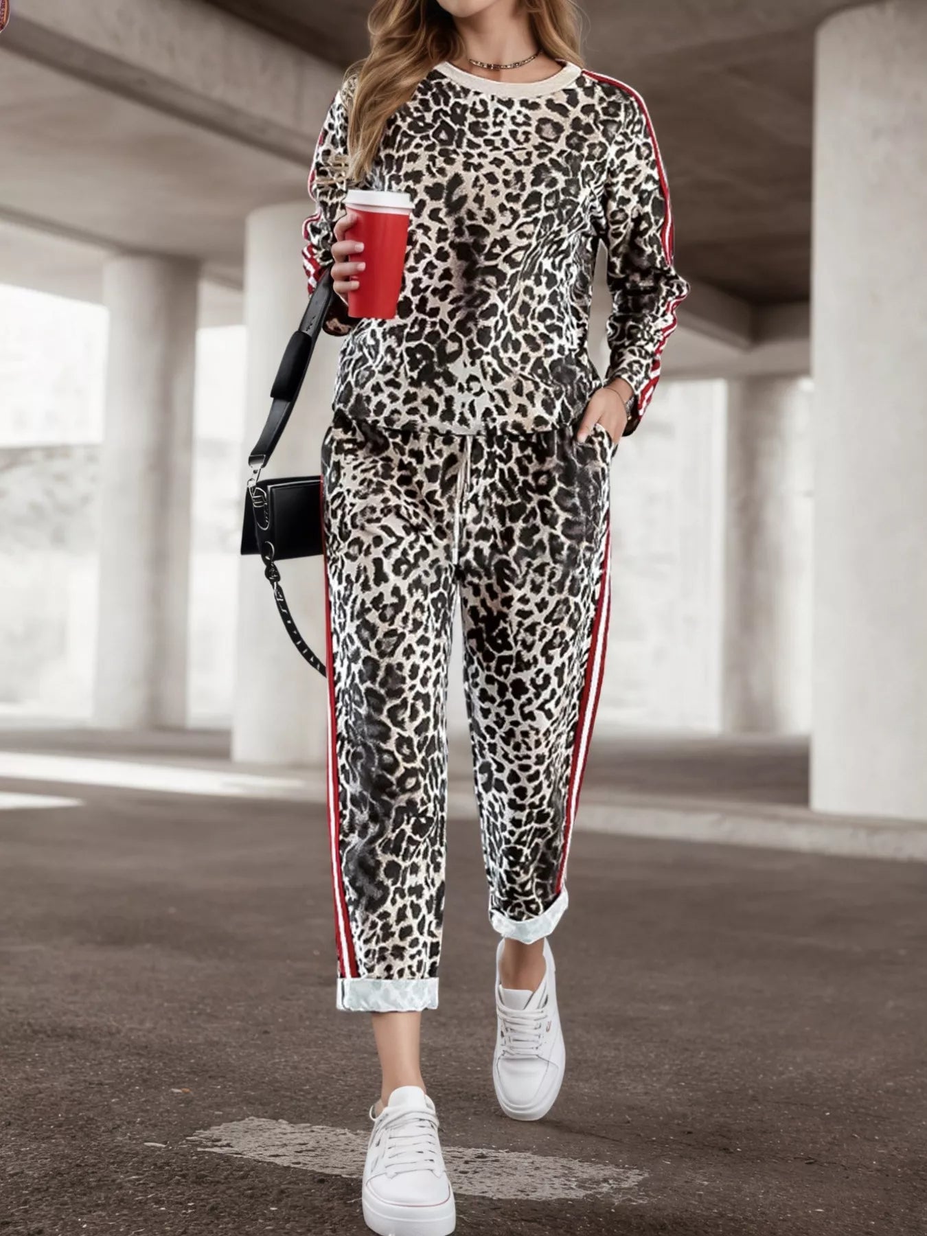 Stripe Leopard Print Top and Pants Set