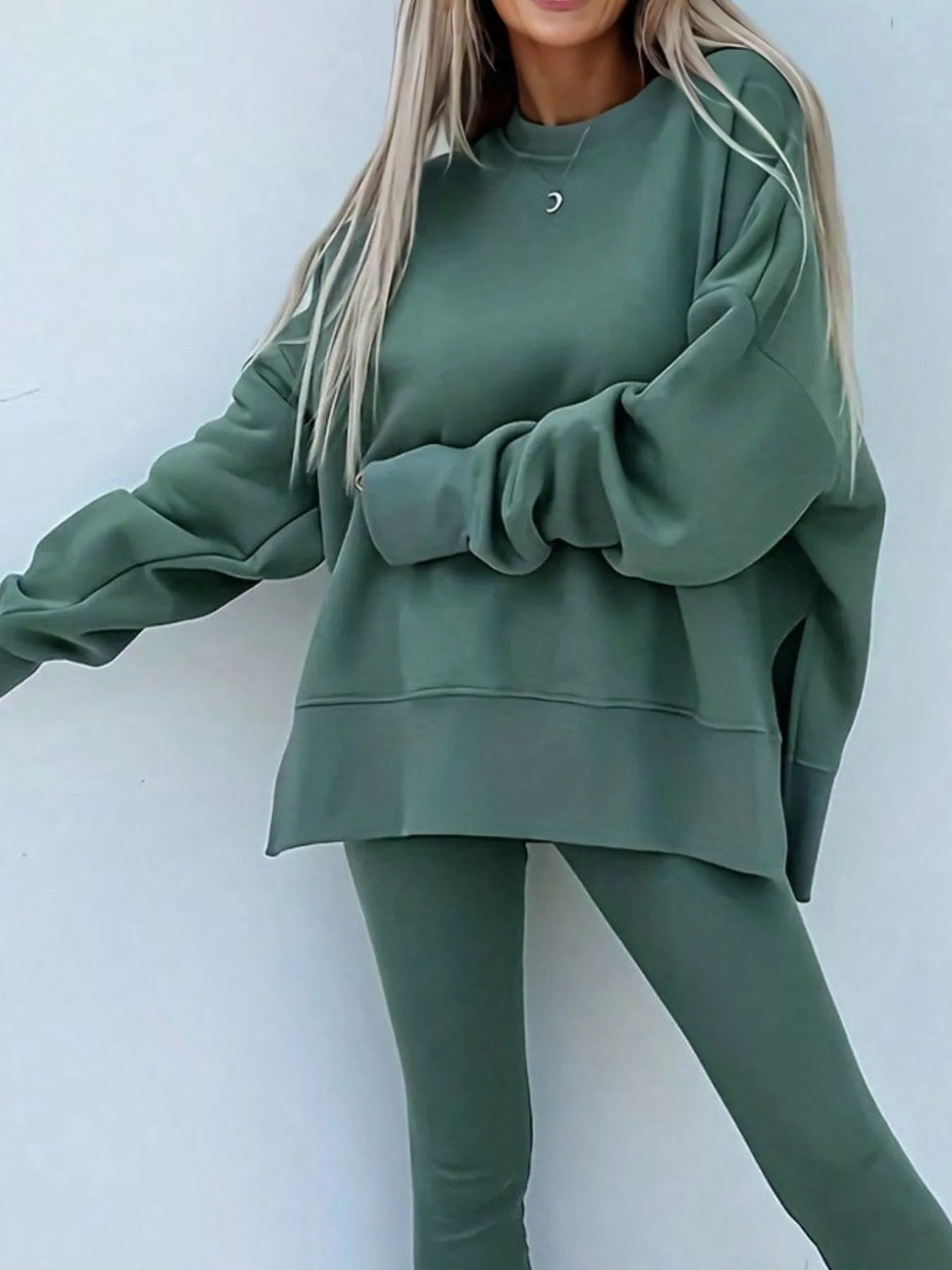 Solid Color Oversize Slit Sweatshirt and Ribbed Leggings 2pcs Set