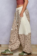POL Drawstring Quilted Printed Knit Floral Pants with Double Gauze Patchwork