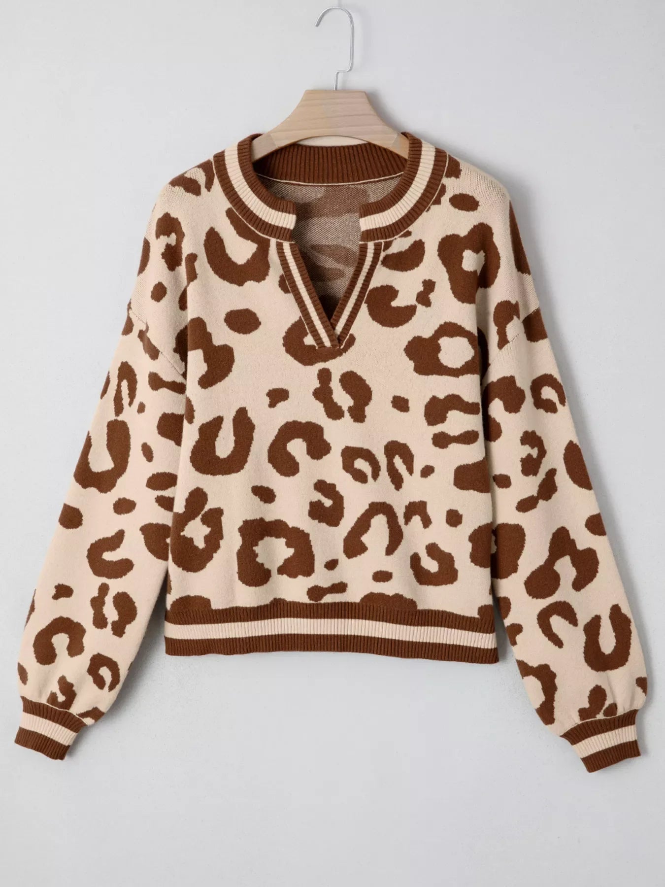 Leopard Knit Notched Casual Sweater