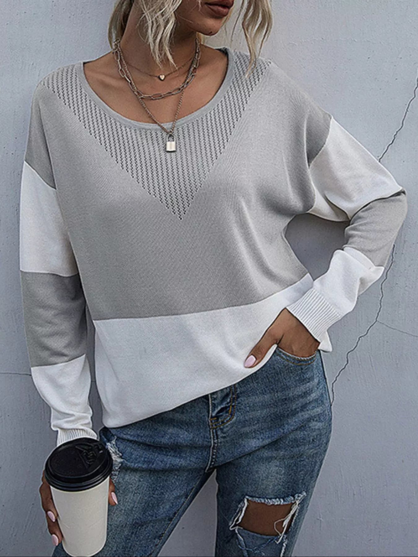 Color Block Round Neck Sweater