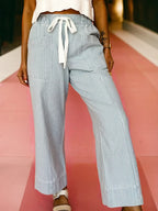 Stripe Mid Rise Drawstring Waist Jeans