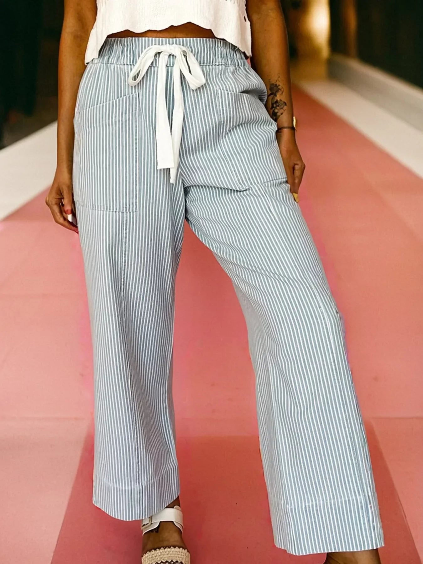 Stripe Mid Rise Drawstring Waist Jeans