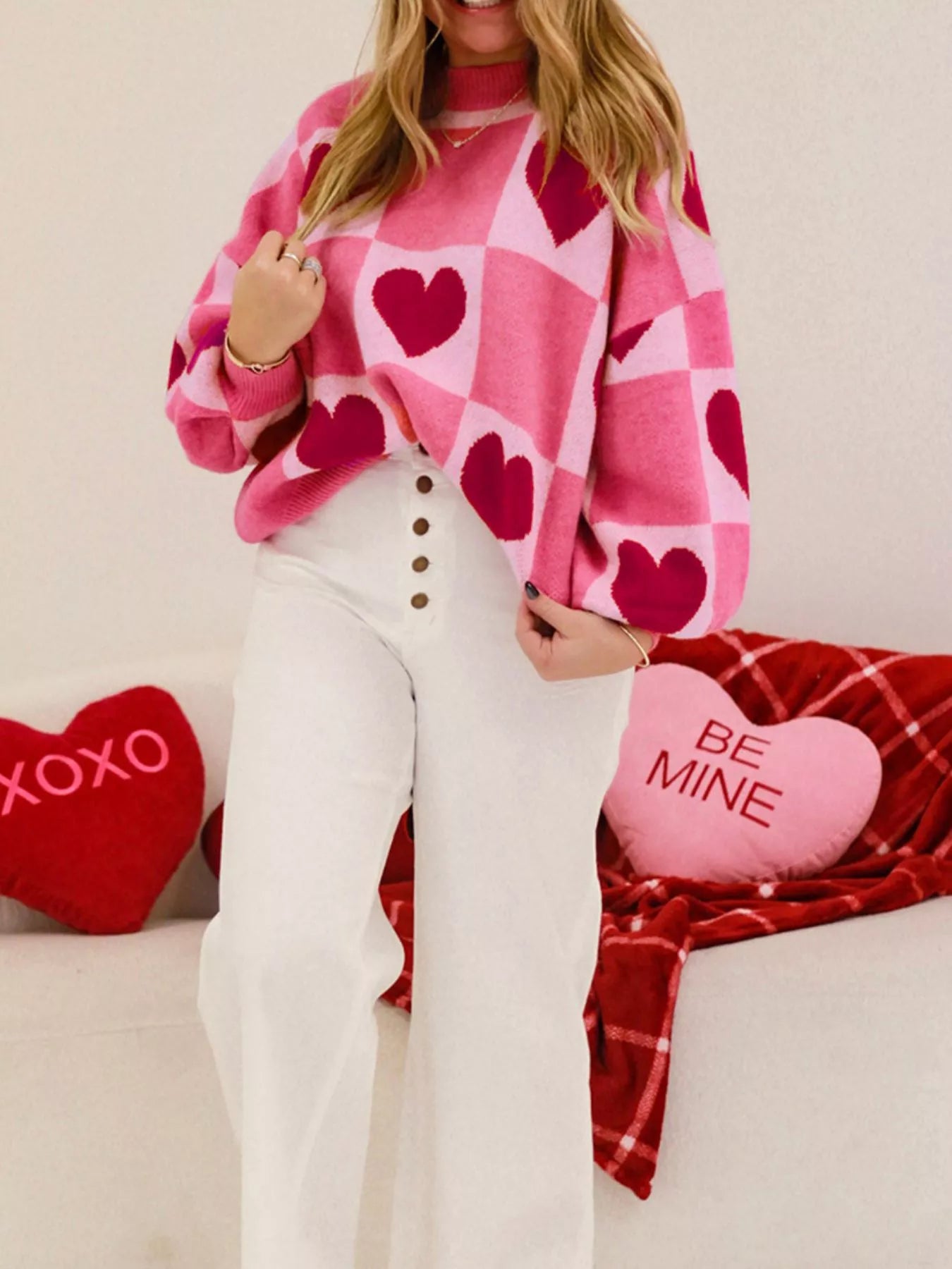 Heart Pattern Checkered Round Neck Sweater