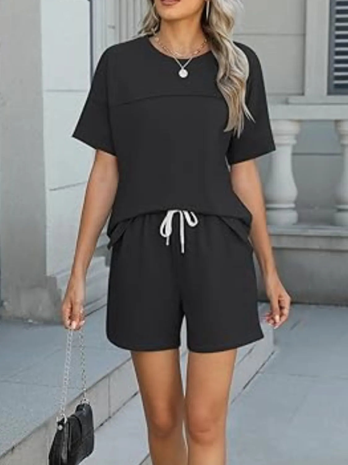 Round Neck Short Sleeve Top and Shorts Set