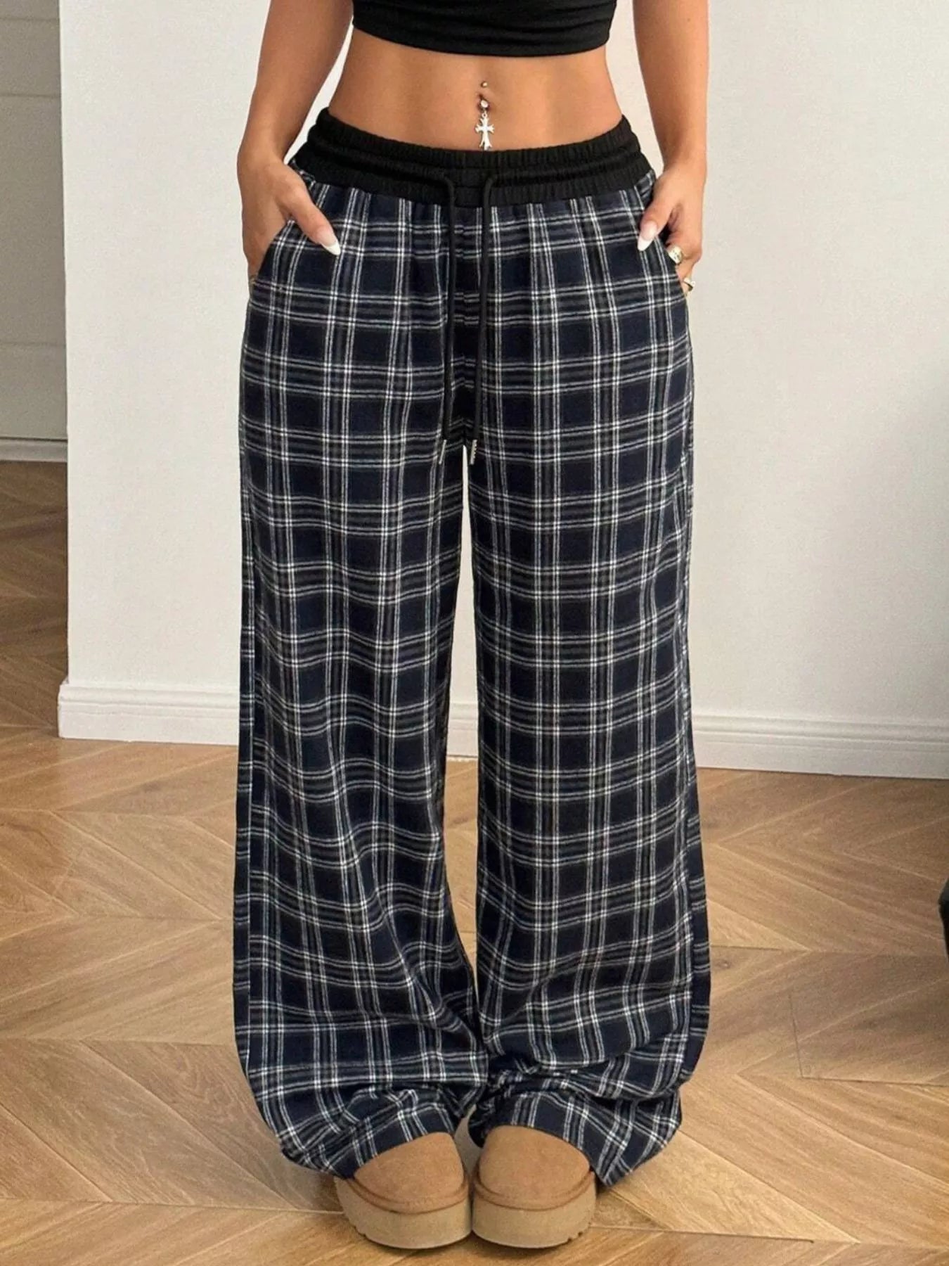 Plaid Wide-Leg Pants with Elastic Waistband