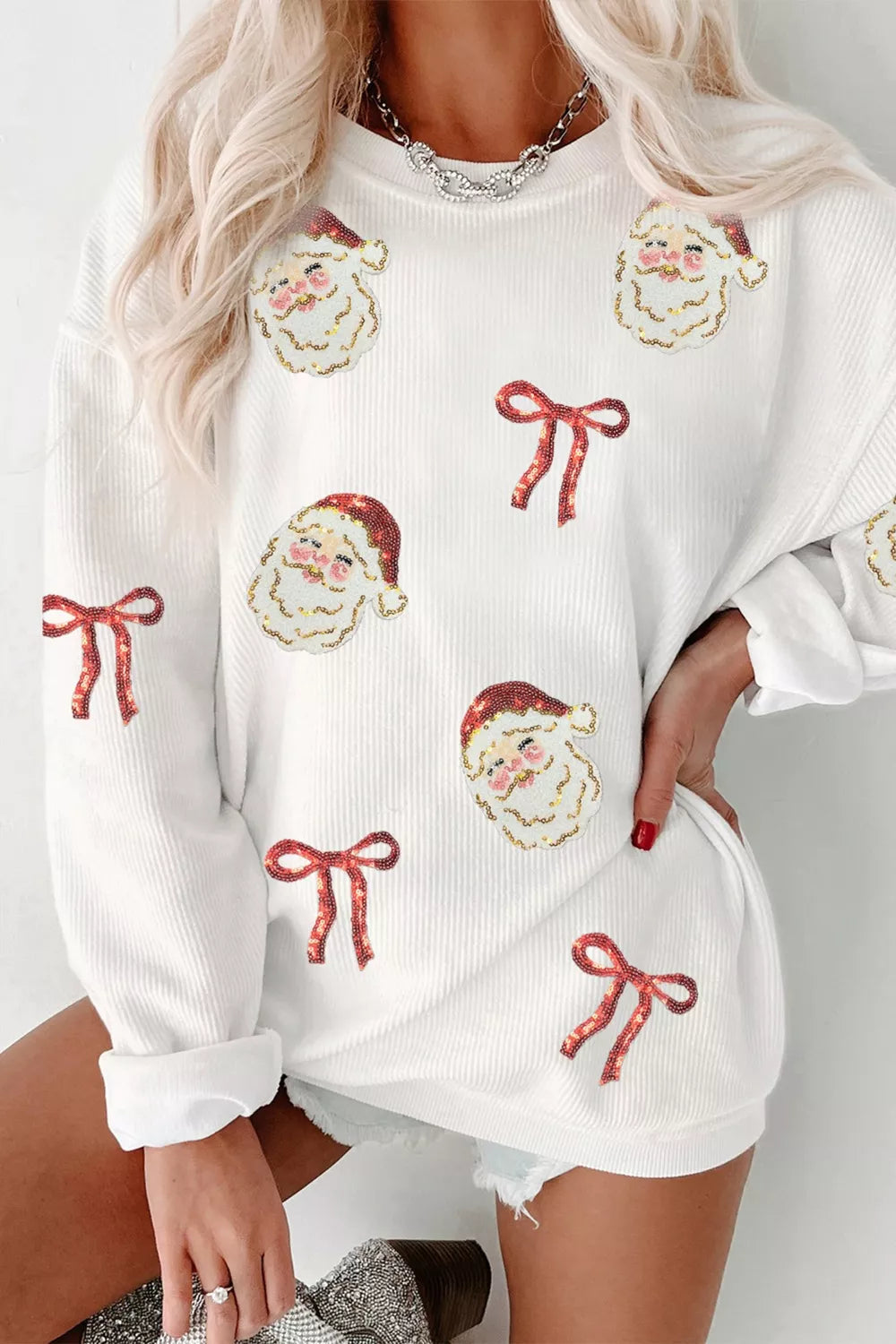 Full Size Corded Rib Sequin Santa Bow Patched Drop Shoulder Sweatshirt Plus Size