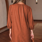 Alyssa Split Neck Scallop Detail Pleated Corduroy Mini Dress