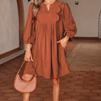 Alyssa Split Neck Scallop Detail Pleated Corduroy Mini Dress