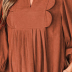 Alyssa Split Neck Scallop Detail Pleated Corduroy Mini Dress