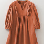 Alyssa Split Neck Scallop Detail Pleated Corduroy Mini Dress