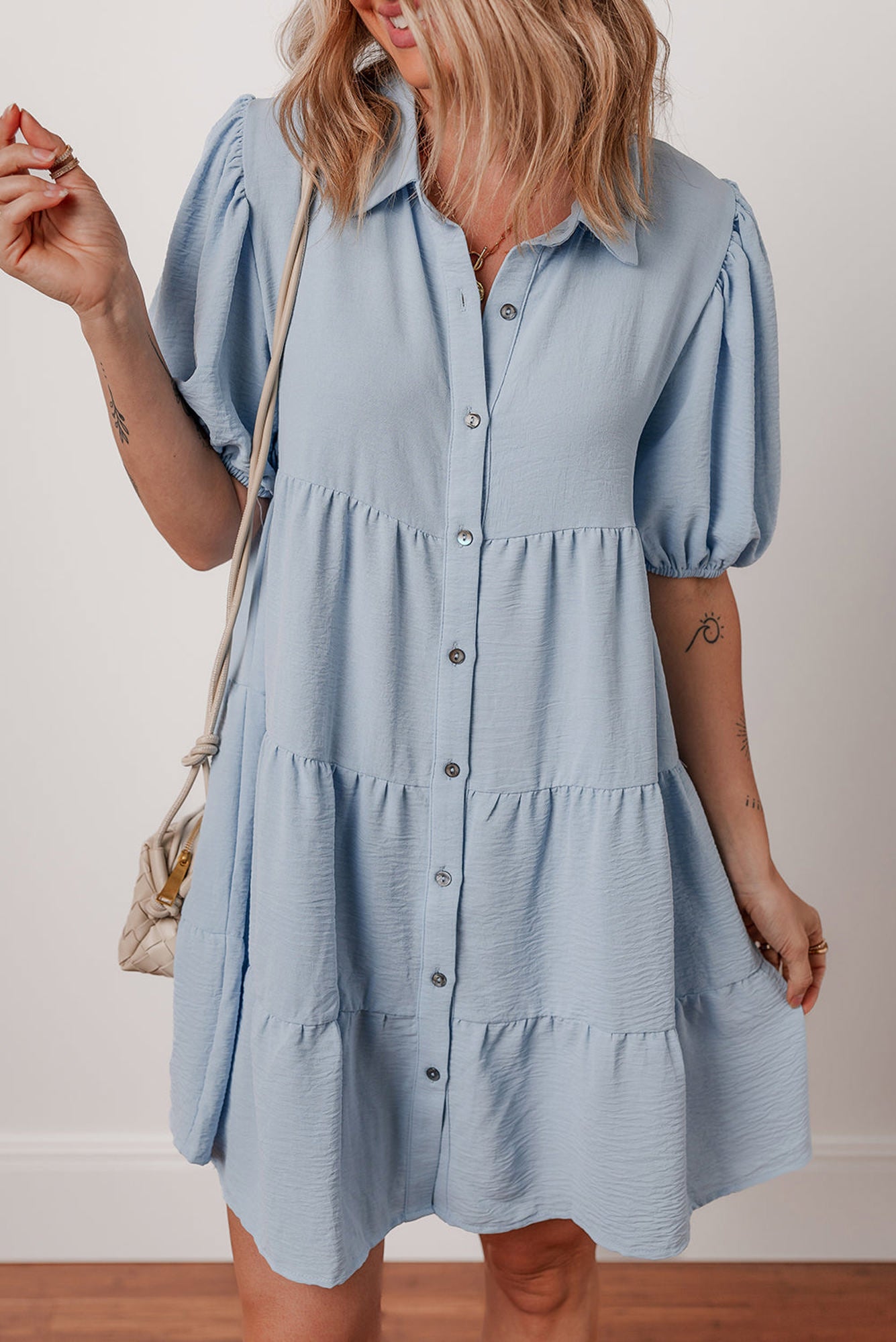 Arya Shirt Collar Button Up Puff Sleeve Tiered Dress