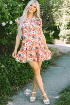 August Floral Print Split Neck Flutter Sleeve Dress