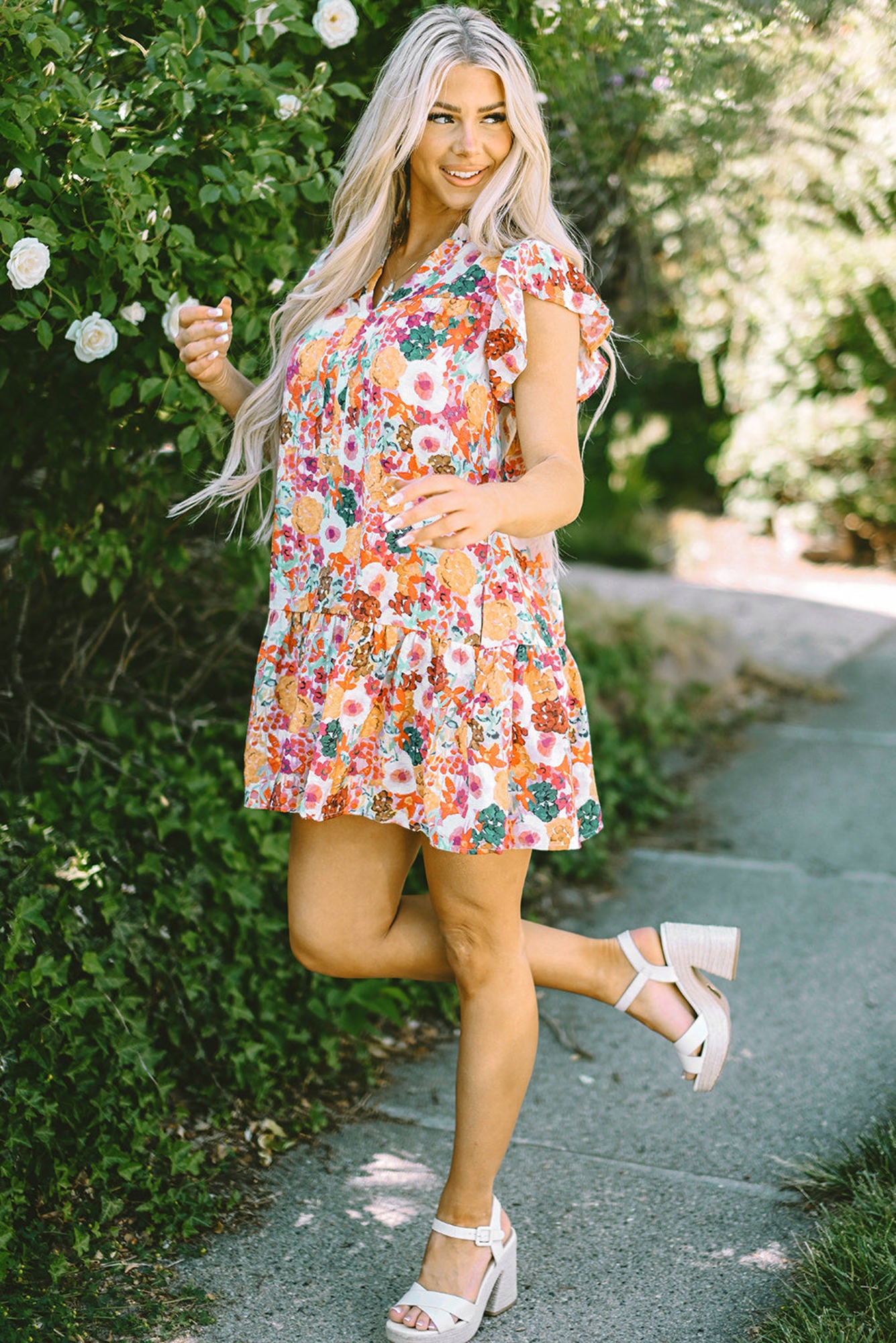 August Floral Print Split Neck Flutter Sleeve Dress