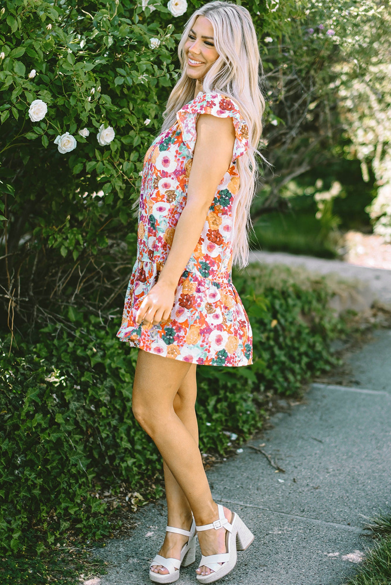August Floral Print Split Neck Flutter Sleeve Dress