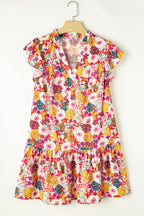 August Floral Print Split Neck Flutter Sleeve Dress
