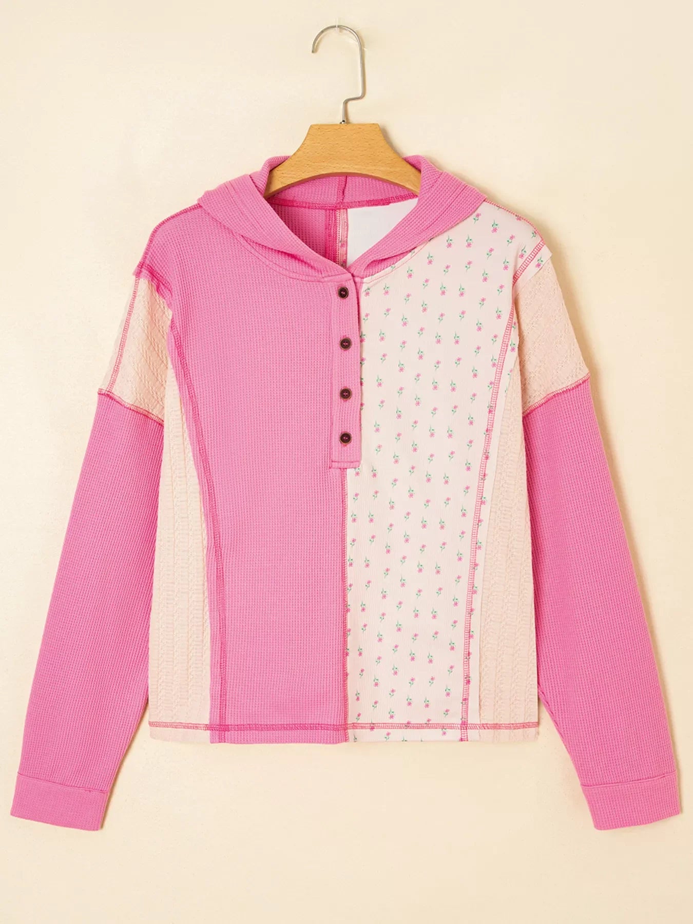 Mixed Texture Waffle Floral Patchwork Hooded Oversize Pullover