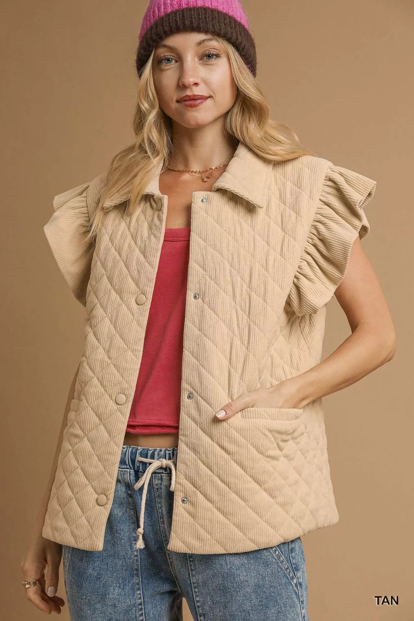 Umgee Corduroy Quilted Ruffle Sleeve Vest