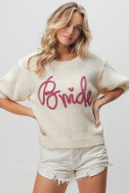 BiBi Metallic Letter Short Puff Sleeve Hairy Sweater