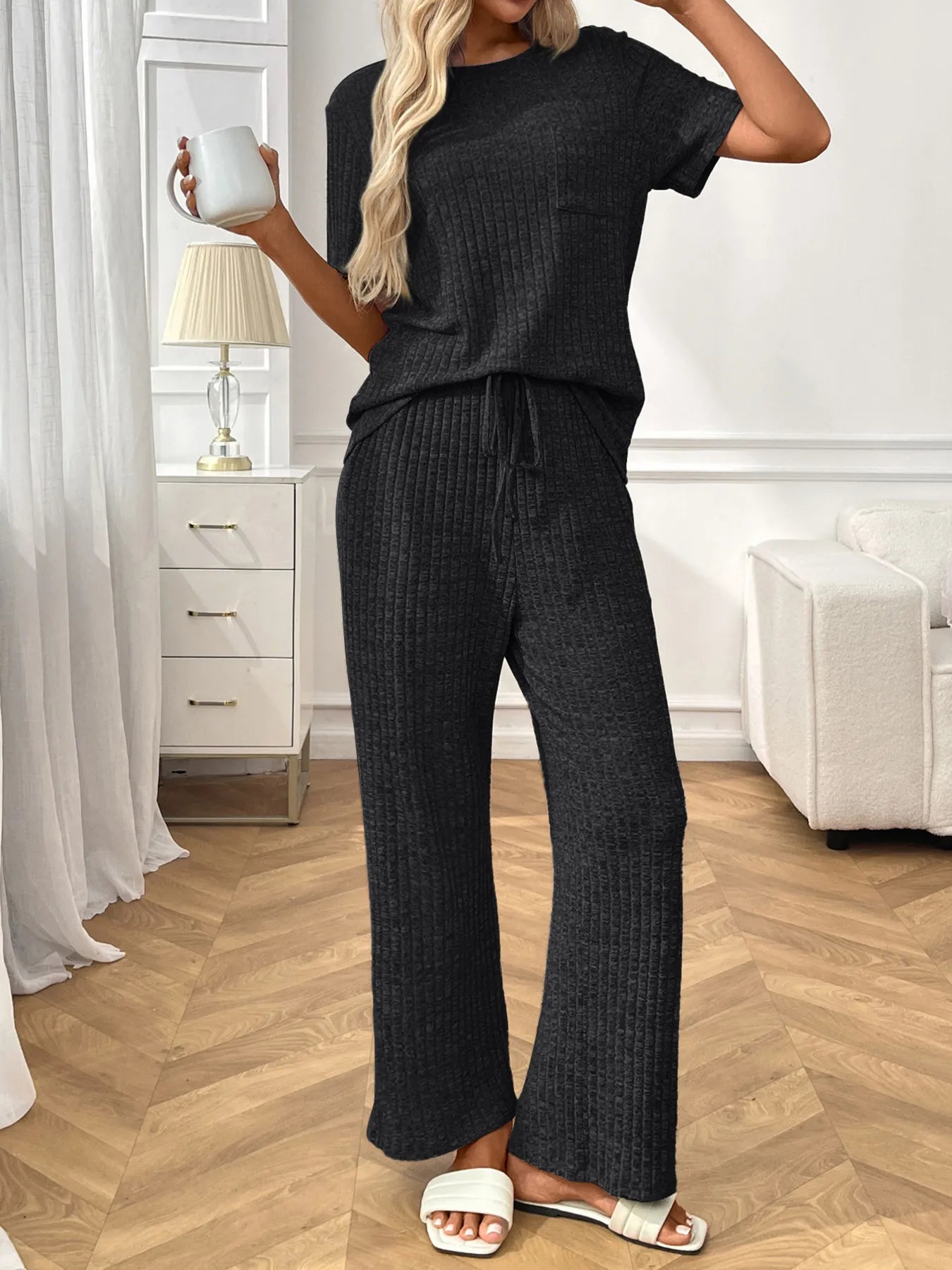 Ribbed Knit Short Sleeve Top and Pants Lounge Set