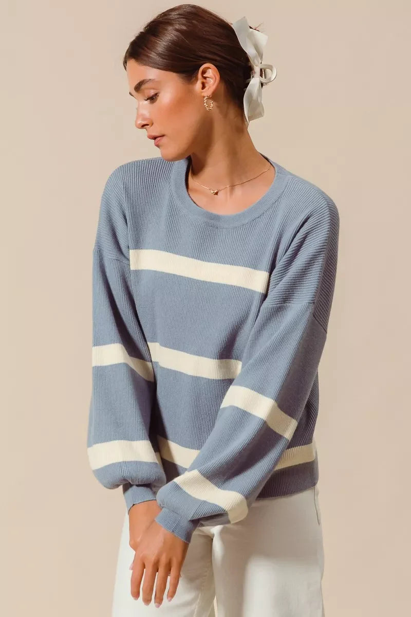 SO ME Ribbed Striped Round Neck Sweater