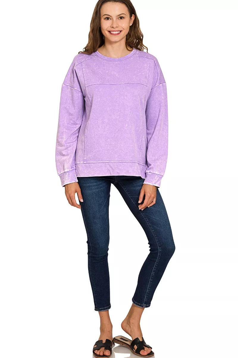 Zenana Acid Wash French Terry Exposed-Seam Pullover