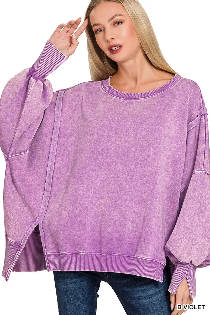 Zenana Acid Washed Batwing Sleeve Fleece Sweatshirt