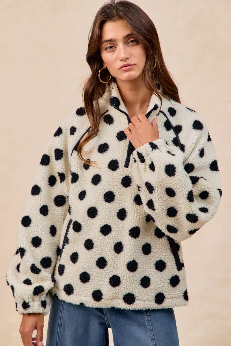 BiBi Polka Dot Sherpa Half Zip Up Top with Side Pocket