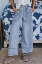 Denim Raw Hem Drawstring Wide Leg Pants