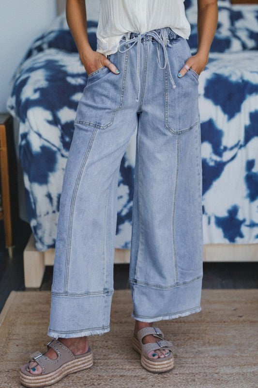 Denim Raw Hem Drawstring Wide Leg Pants