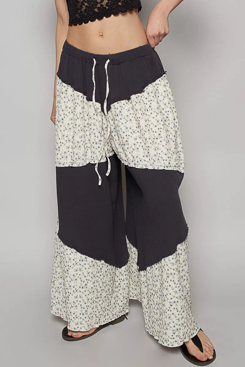 POL Contrast Floral Drawstring Wide Leg Pants