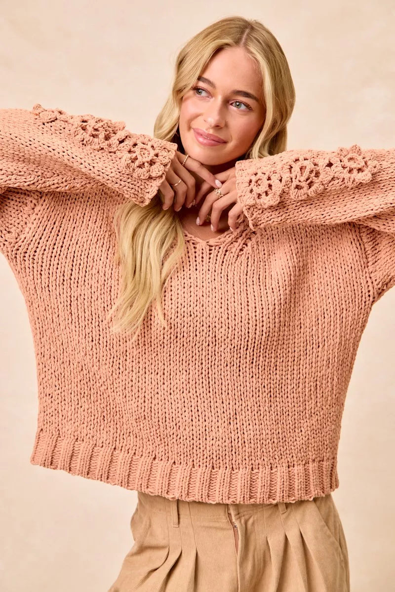 BiBi Chunky Knit Sweater with Flower Detail Sleeves