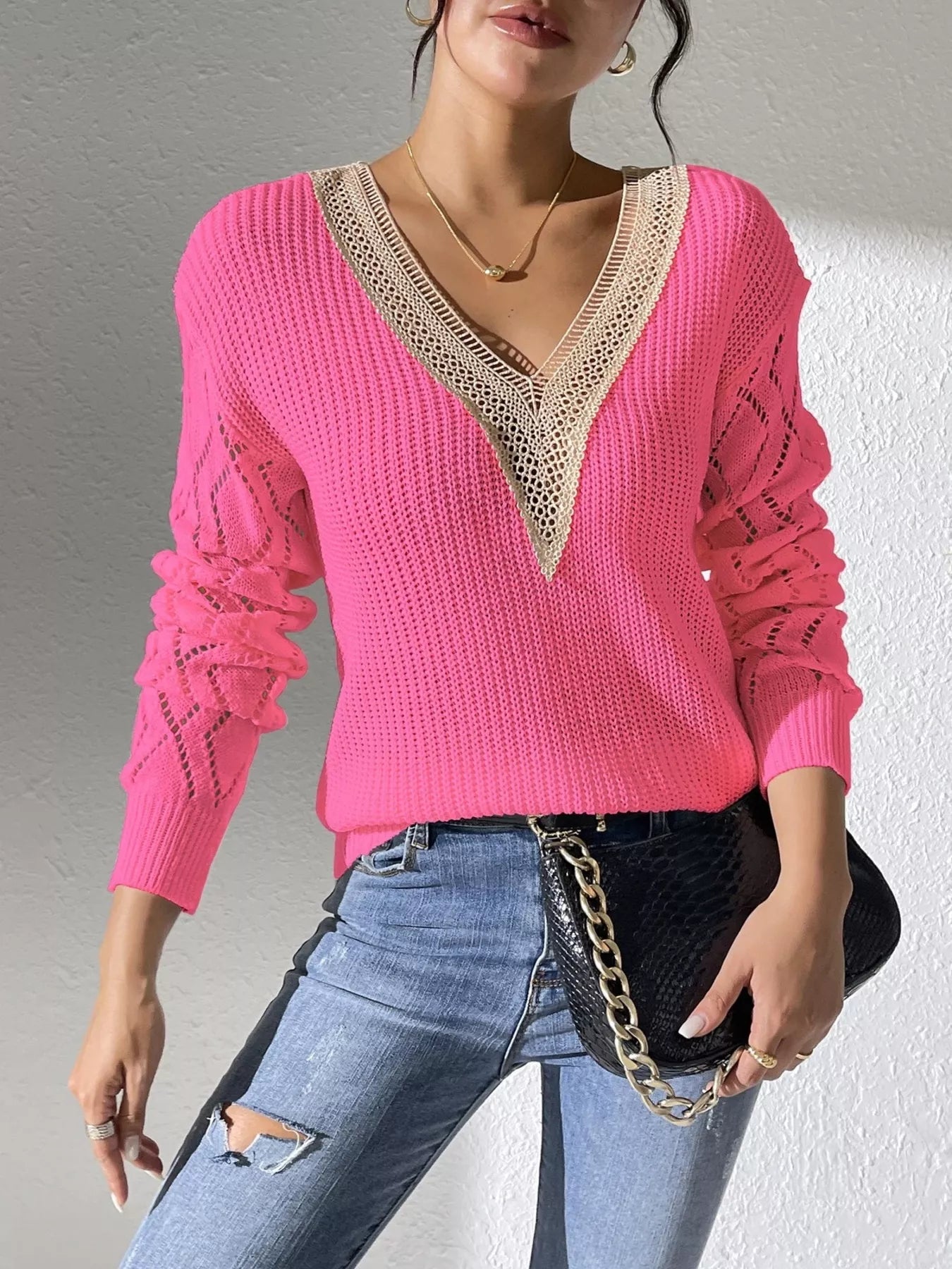 V-Neck Hollow Knit Sweater