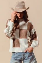 SO ME Ribbed Color Block Checkered Plaid Sweater