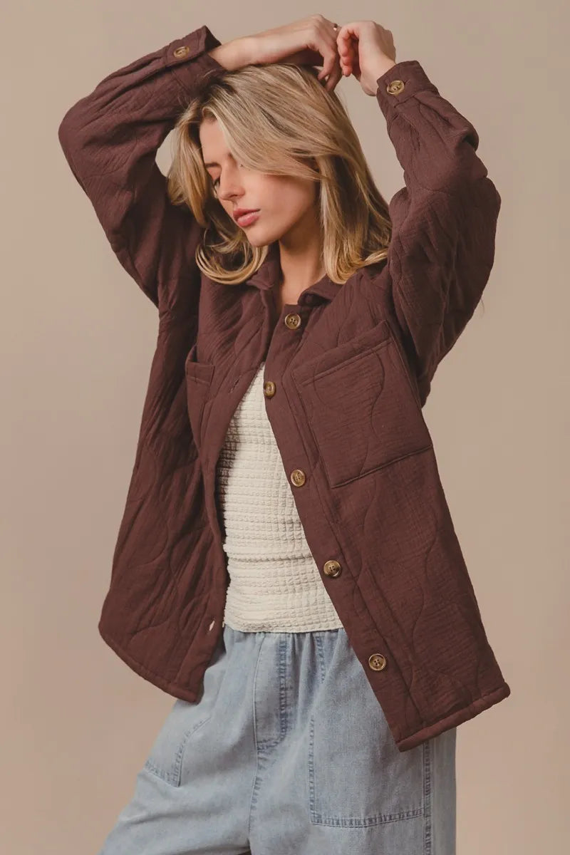 BiBi Quilted Wrinkle Gauze Long Sleeve Shacket