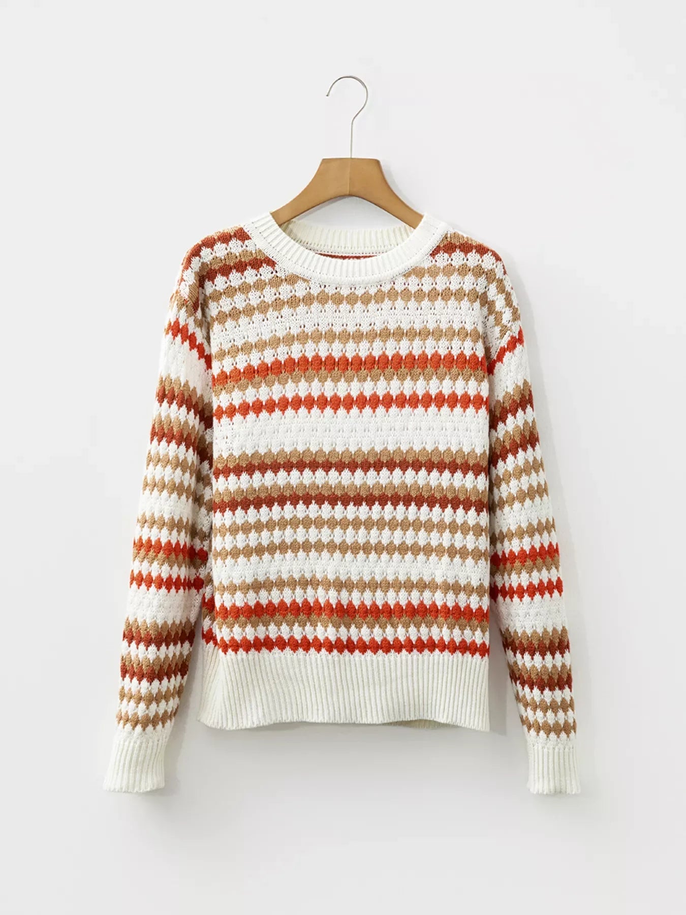 Stripe Eyelet Patterned Drop Shoulder Sweater