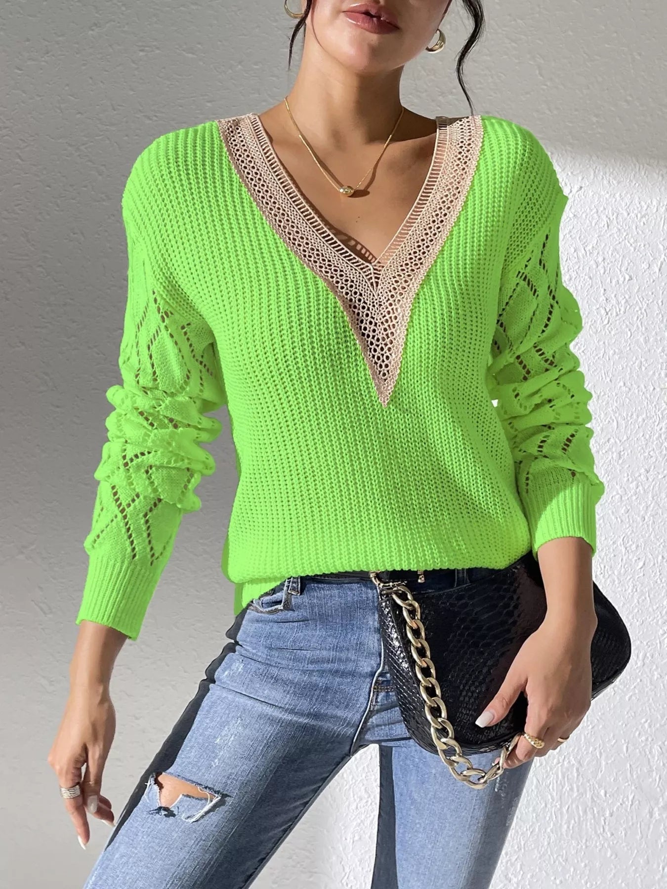V-Neck Hollow Knit Sweater