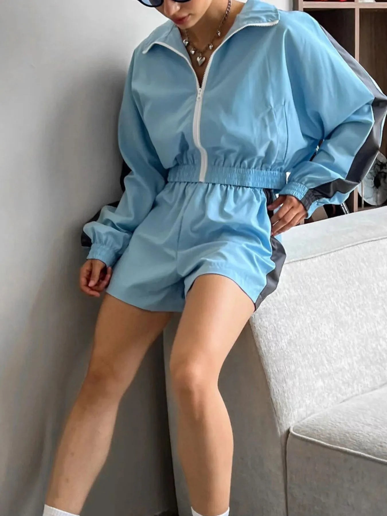 Zip Up Long Sleeve Jacket and Shorts Set