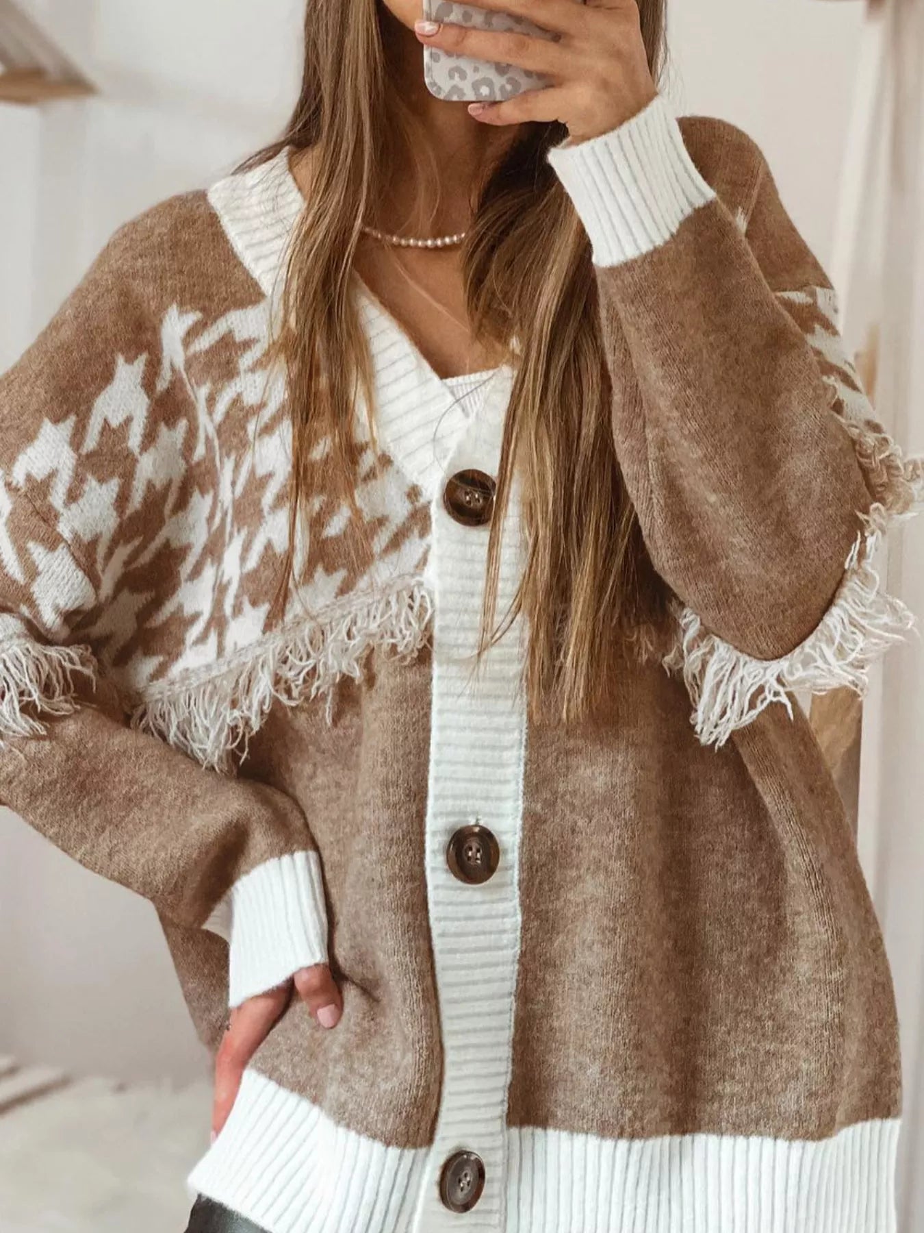 Fringe Trim Button-Up Cardigan