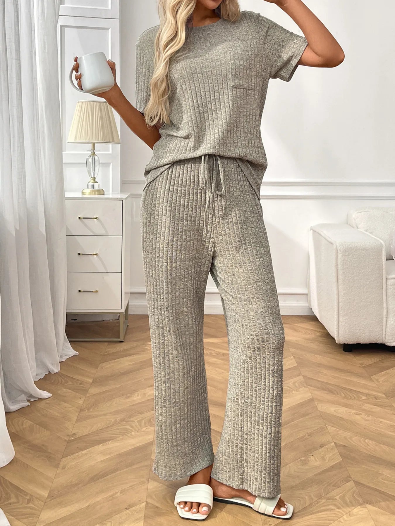 Ribbed Knit Short Sleeve Top and Pants Lounge Set