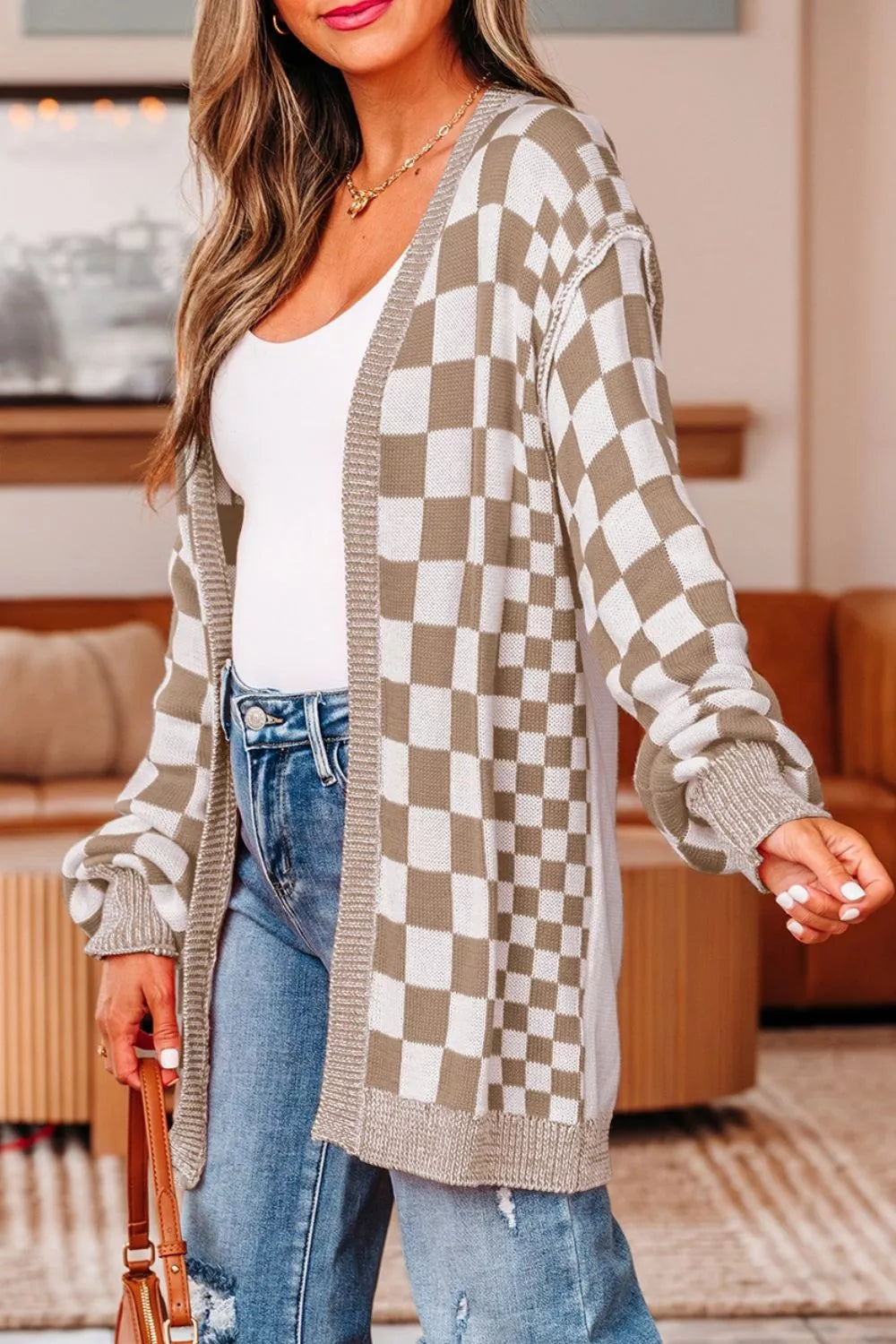 Checkerboard Print Open Front Knit Cardigan