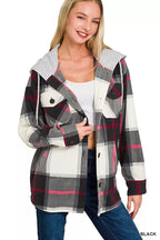 Zenana Plaid Drawstring Hooded Fleece Shacket