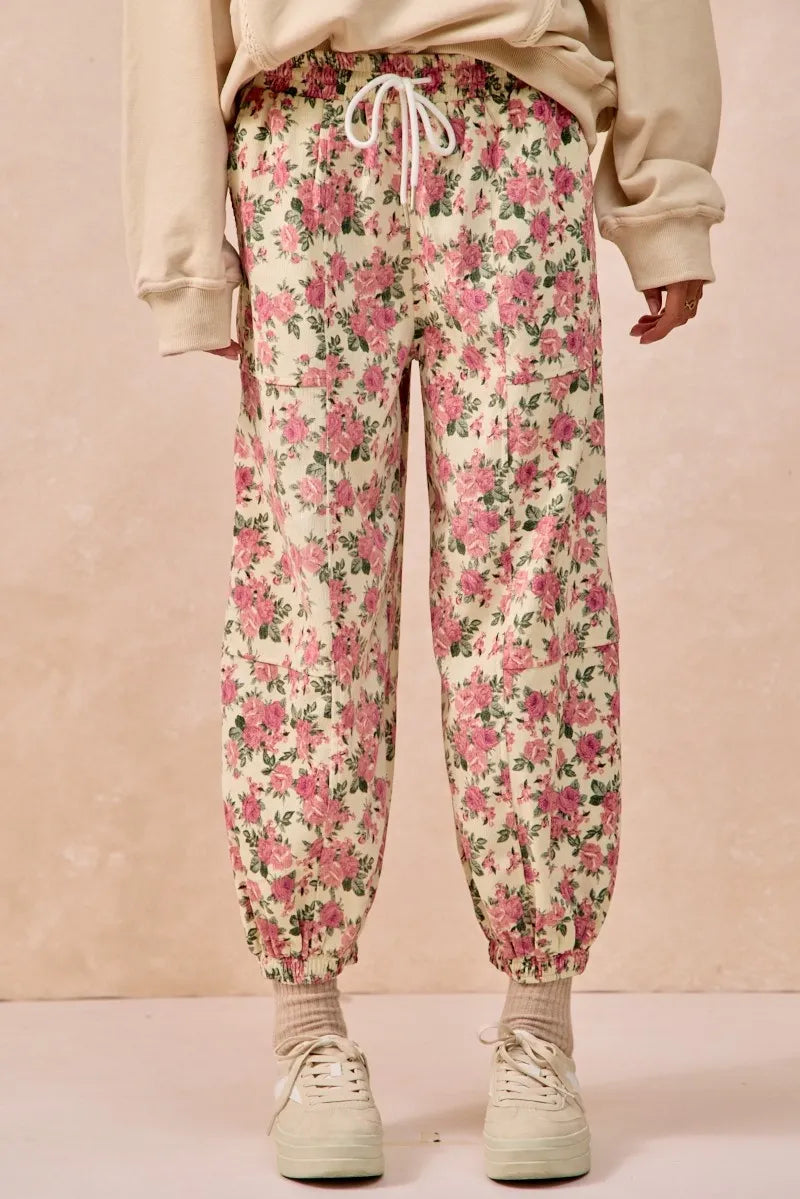 BiBi Floral Printed Twill Drawstring Pants With Elastic Band