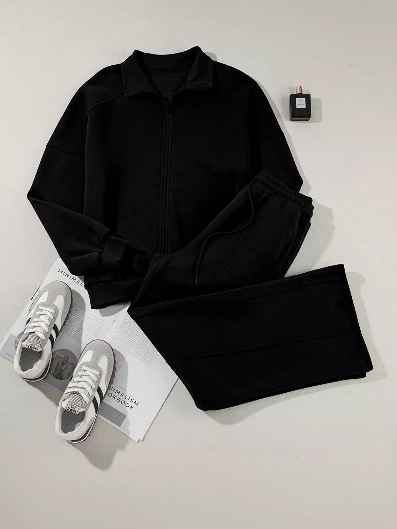 Drop Shoulder Zip Up Jacket and Drawstring Pants Active 2pcs Set