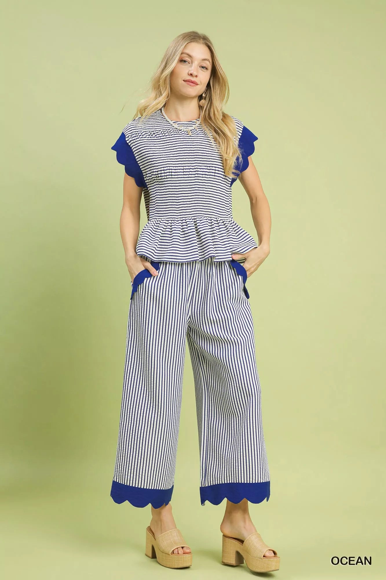 Umgee Stripe Scallop Hem Wide Leg Pants