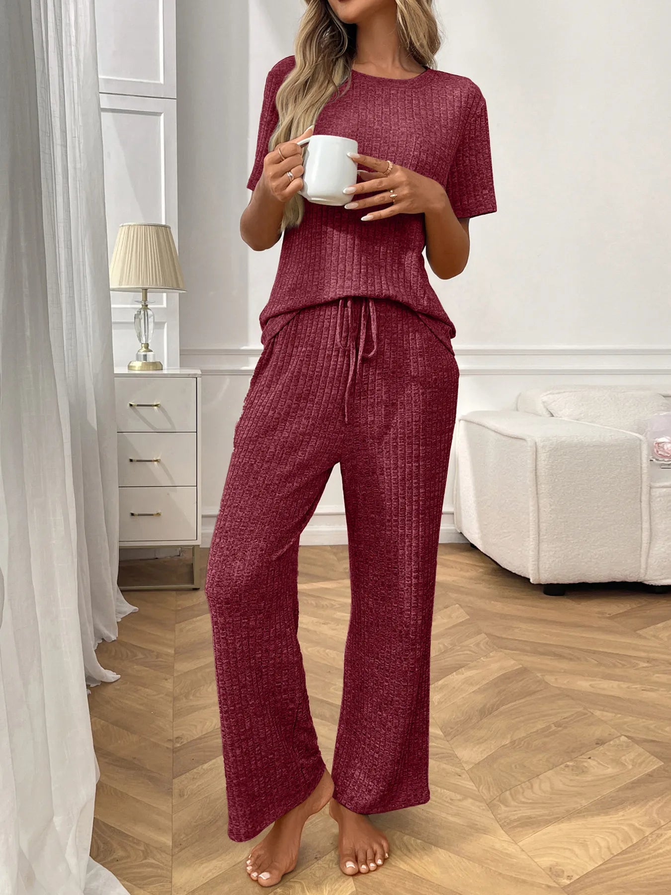 Ribbed Knit Short Sleeve Top and Pants Lounge Set