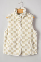 Checker Sherpa Snap Button Vest Jacket With Pocket