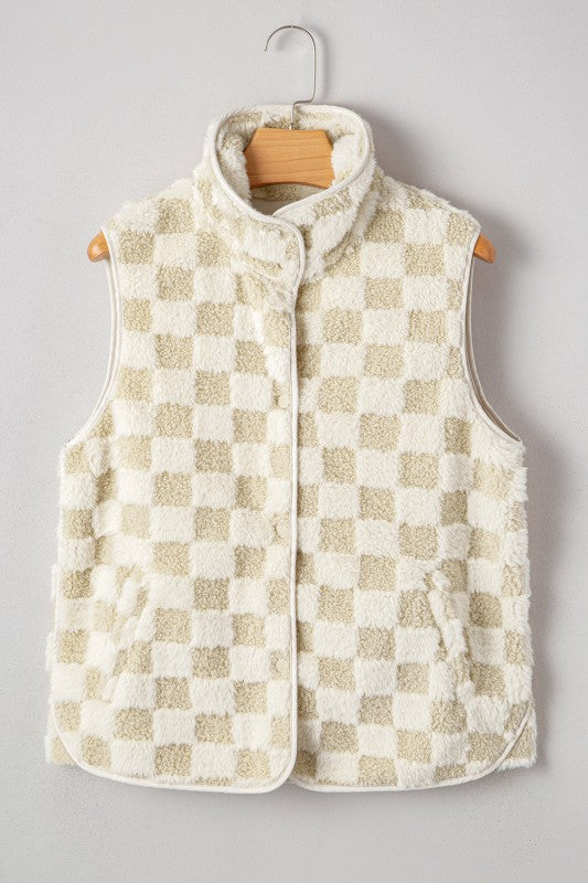 Checker Sherpa Snap Button Vest Jacket With Pocket