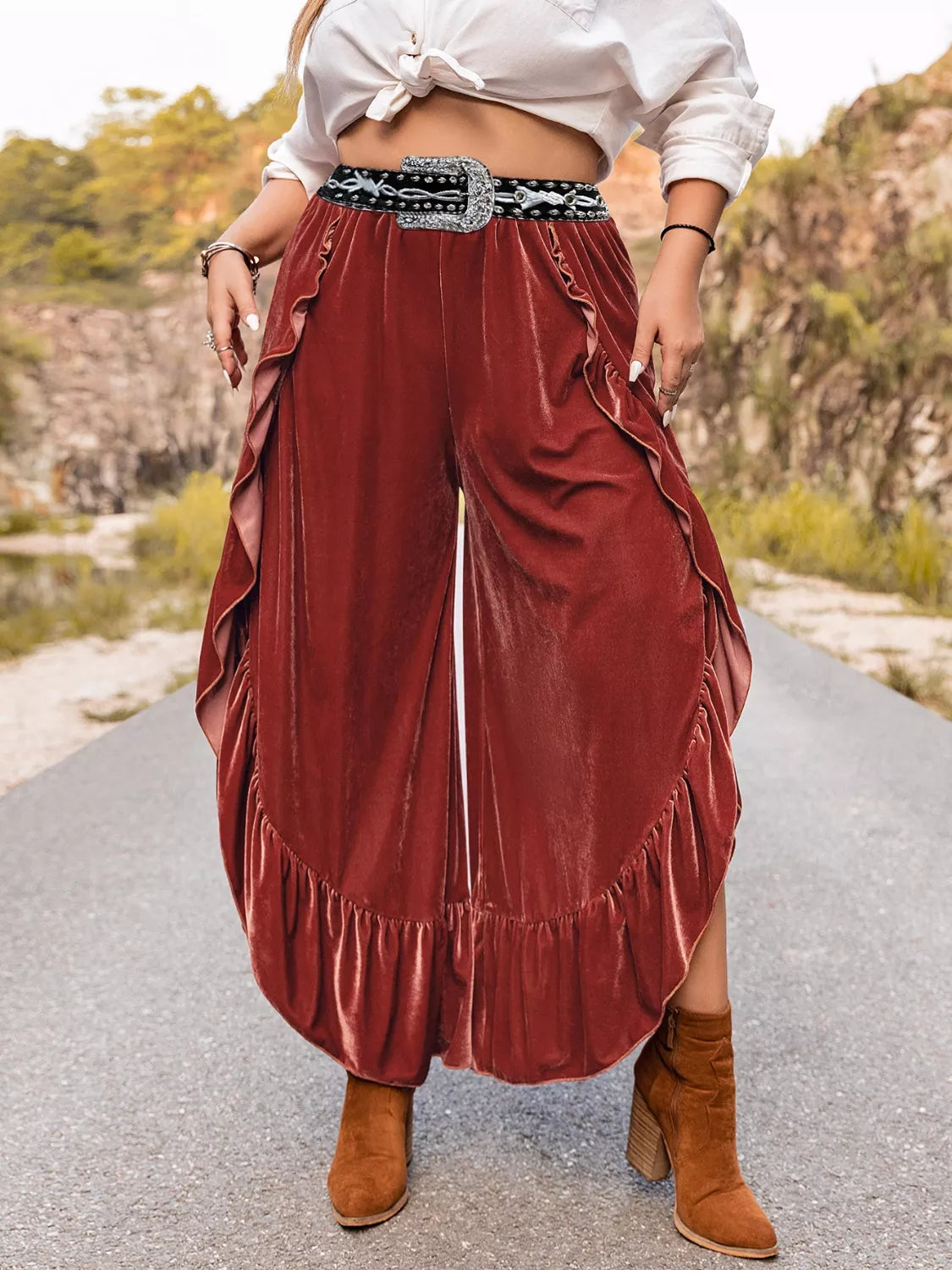 Plus Size Velvet Ruffle Hem Wide Leg Pants